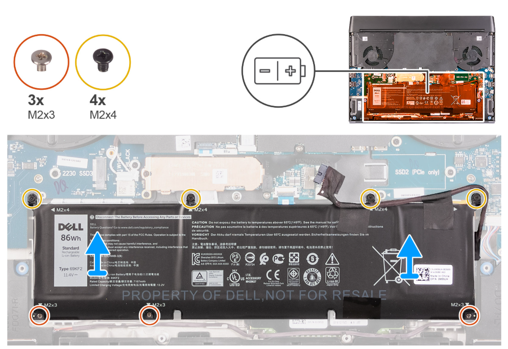 Removing the Alienware m17 R4 battery—screw locations