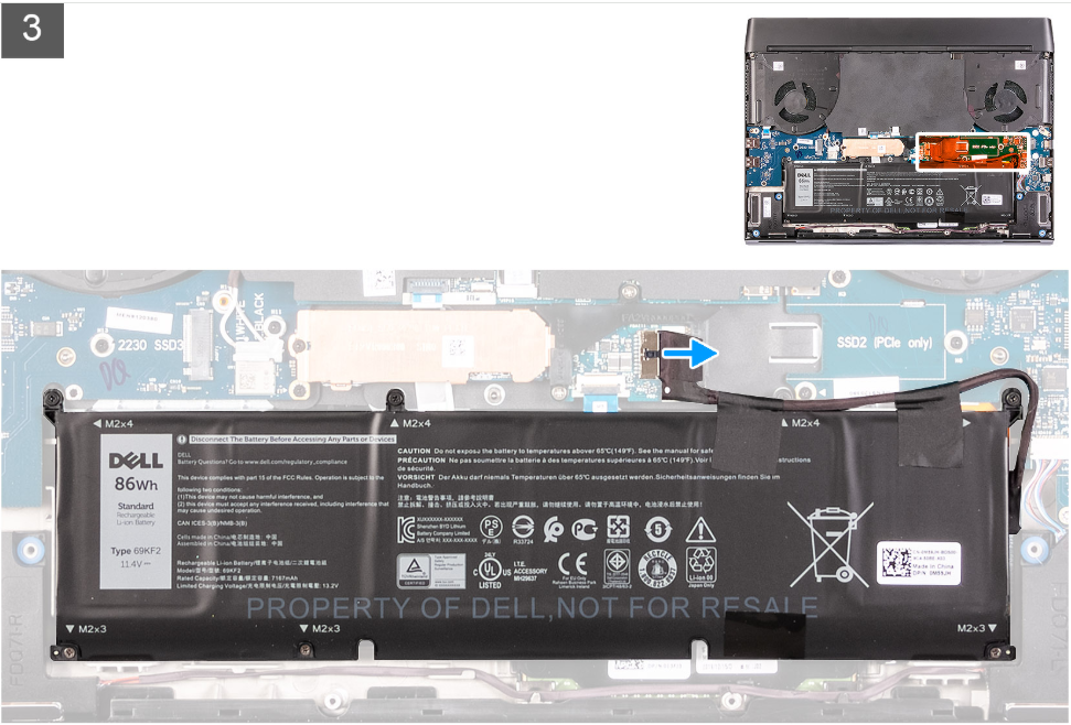 Disconnecting the battery cable from the system board on Alienware m17 R4