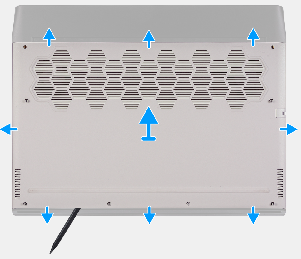 Prying the Alienware m15 R4 base cover with a plastic scribe