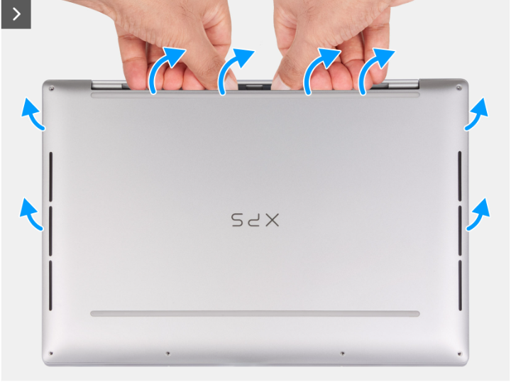 Dell XPS 13 9340 base cover – prying technique at the top edge